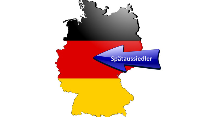 Deutschlandkarte und aus Richtung Osten kommender Pfeil mit der Aufschrift "Spätaussiedler"