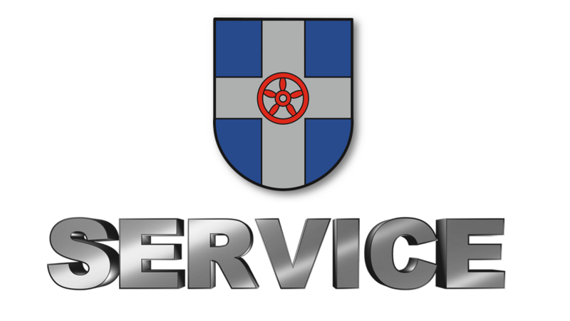 Schriftzug "Service", Stadtwappen und Smiley