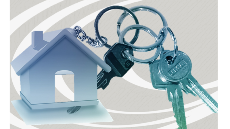 Schlüsselbund und Wohnhaus vor Geseke-Logo