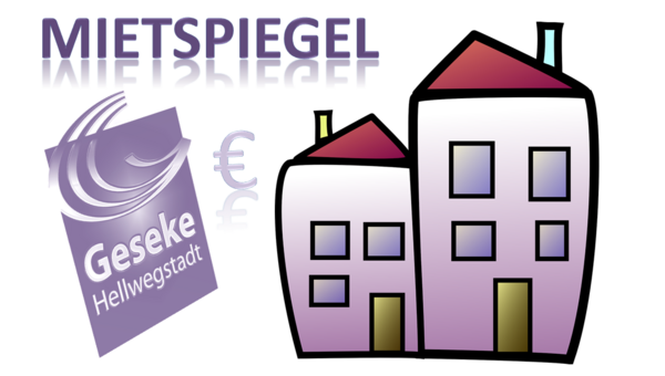 Logo der Stadt Geseke, Mietshaus und Schriftzug "Mietspiegel"