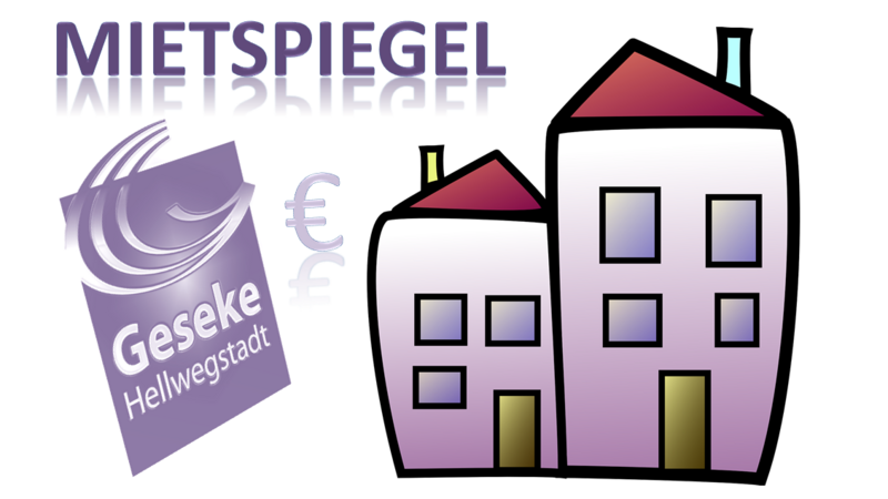 Logo der Stadt Geseke, Mietshaus und Schriftzug "Mietspiegel"