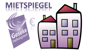 Logo der Stadt Geseke, Mietshaus und Schriftzug "Mietspiegel"