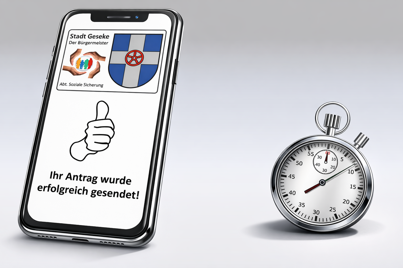 Handy mit Info zu gesendetem Online-Antrag, Stoppuhr