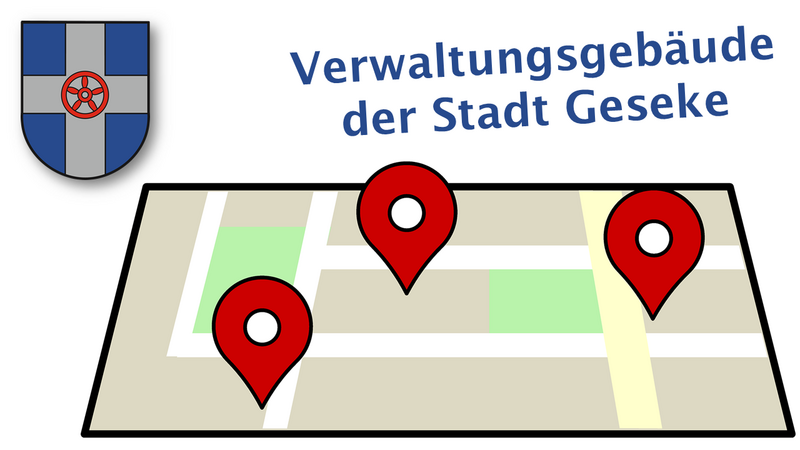 Google Maps Karte, Stadtwappen und Schriftzug "Verwaltungsgebäude der Stadt Geseke"