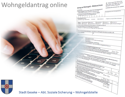 Hand auf Computertastatur und Abbildung eines Wohngeldantrages