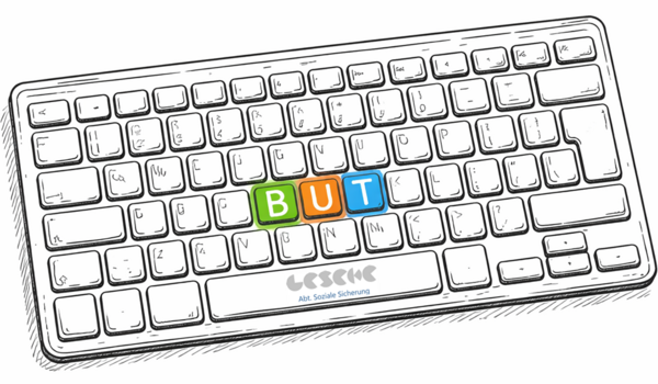 Computertastatur mit farbig hervorgehobenen Tasten B, U und T.