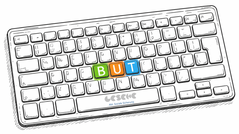 Computertastatur mit farbig hervorgehobenen Tasten B, U und T.