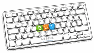 Computertastatur mit farbig hervorgehobenen Tasten B, U und T.