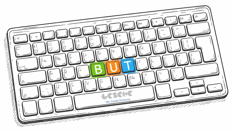 Computertastatur mit farbig hervorgehobenen Tasten B, U und T.