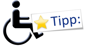 Rollstuhl-Piktogramm und Schriftzug "Tipp"