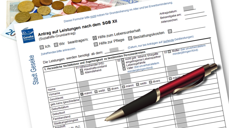 Antragsvordruck Hilfe zum Lebensunterhalt und Kugelschreiber