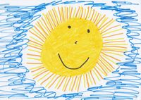 Von einem Kind gemaltes Bild: Sonne und blauer Himmel