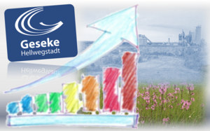 Geseke-Logo und Balkendiagramm von Skyline eines Geseker Steinbruchs